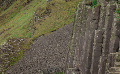 Detail of hexagonal stones or pillars at Giants causeway in northern ireland, majestic basalt...