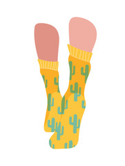 Feet in yellow socks. Clothing element with cactus print, female legs. Textile and cotton, comfortable footwear. Template, layout and mock up. Cartoon flat vector illustration