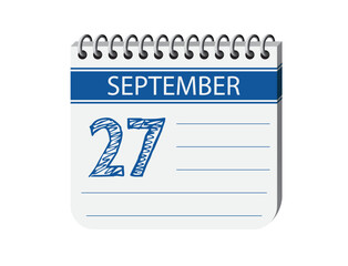 27 september calendar page vector. 3d one day calendar date appointment, deadline, event reminder illustration. Abstract three dimensional daily date appointment, agenda, event calendar. 
