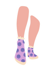Feet in violet socks. Comfortable and warm footwear. Aesthetics and elegance, fashion and trend. Sticker for social networks and messengers. Cartoon flat vector illustration
