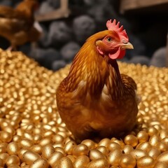 Hen sits on a large pile of gold eggs. Generative AI