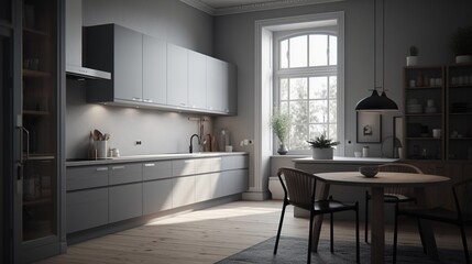 Fototapeta na wymiar Modern Scandinavian Kitchen Interior. Contemporary Inspirational Living Space. Photorealistic Ai generated