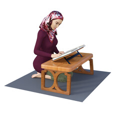 3D illustration of a young female wearing a head scarf sitting on the floor. She is reading a book placed on a small wooden desk