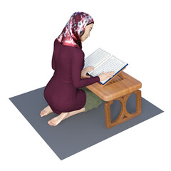 3D illustration of a young female wearing a head scarf sitting on the floor. She is reading a book placed on a small wooden desk