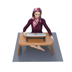 3D illustration of a young female wearing a head scarf sitting on the floor. She is reading a book placed on a small wooden desk