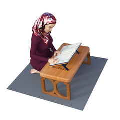 3D illustration of a young female wearing a head scarf sitting on the floor. She is reading a book placed on a small wooden desk