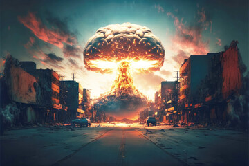 A nuclear explosion in the city. View from the street, road buildings and cars. Generative AI.