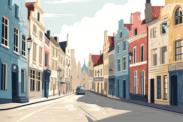 Naklejka premium Streets of Bruges, children's book illustration style, simple, cute, flat color, plain white background. capital of West Flanders in northwestern Belgium. made with ai