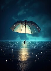 Otherworldly Seascape with Floating Umbrella and Starry Skies. Generative AI. - obrazy, fototapety, plakaty