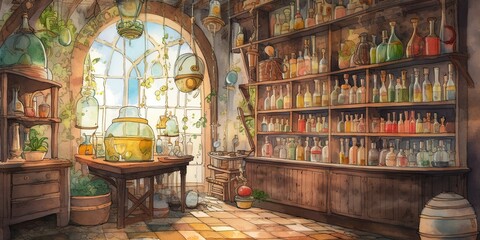 Obraz premium Vibrant Watercolor Alchemist's Lab with Magic Potions and Remedies. Generative AI.