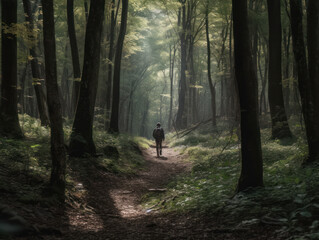 Fototapeta premium Generative ai walking alone in the forest hiking
