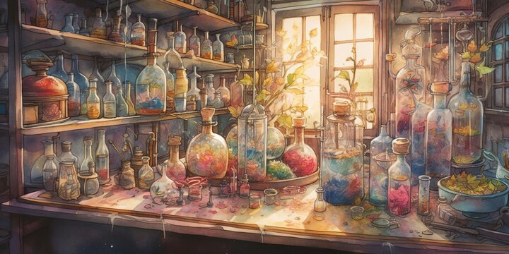 Vibrant Watercolor Alchemist's Lab with Magic Potions and Remedies. Generative AI.
