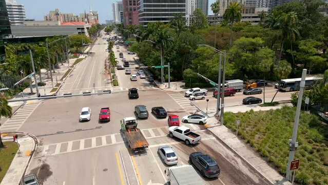 Aerial video Tesla Model 3 stranded after rain flood damage in Fort Lauderdale FL Broward County