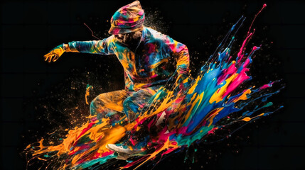 Colorful skater person doing stunts with paints in dark background