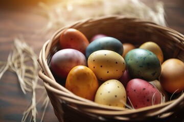 Obraz na płótnie Canvas Beautiful close up Easter basket full of multicolored dyed eggs. Horizontal holiday banner. Bright morning indoor background. AI generative image. Generative AI