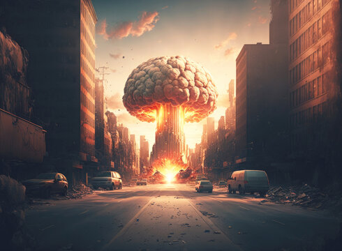 A nuclear explosion in the city. View from the street, road buildings and cars. Generative AI.