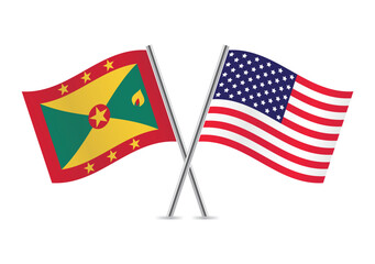 Grenada and America crossed flags. Grenadian and American flags on white background. Vector icon set. Vector illustration.