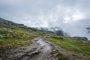 Mountain trail to hike to Trolltunga scenic spot,  Norway