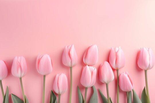 Empty clean solid pink background with fresh tulip flowers and copy space. Springtime holidays horizontal greeting card template. AI generative image. Generative AI