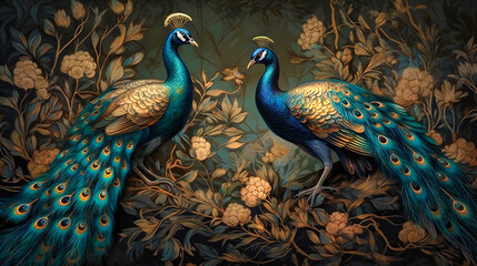 A wallpaper and peacocks gold and green leaves - obrazy, fototapety, plakaty