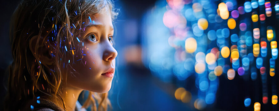 young girl child is fascinated by light, led and light particles with matrix bokeh and copy space, web banner or background, Generative AI