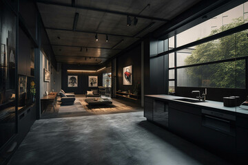 Obraz premium Minimalist Loft Design. Dark black color palette. Centered perspective. Interior Design