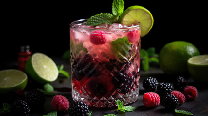 Delicious and refreshing mojito cocktail with red fruits on a wooden table and preparation elements around it.