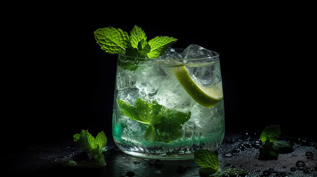 Incredible image of mojito cocktail with mint, ice and lemon on wooden table and preparation elements around it.