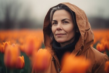 Portrait of a beautiful woman in a field of tulips.