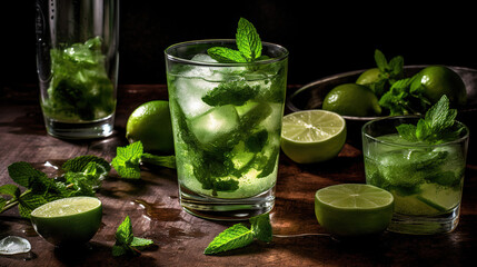 Incredible image of mojito cocktail with mint, ice and lemon on wooden table and preparation elements around it.