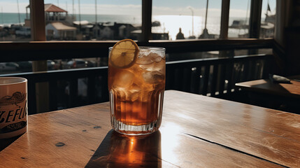 Refreshing cocktail on the table and the sea in the background.
