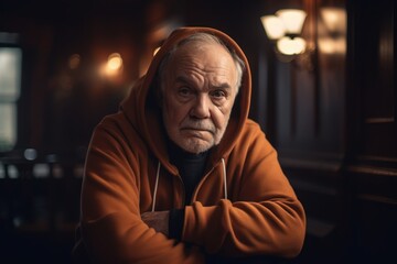 Portrait of an elderly man in a hooded sweatshirt.