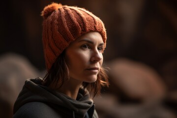 portrait of a beautiful girl in a knitted hat on the nature