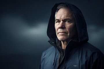Medium shot portrait photography of a pleased man in his 50s wearing a stylish hoodie against a dramatic stormy sky background. Generative AI