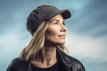Portrait of a beautiful woman in a cap on a cloudy sky background