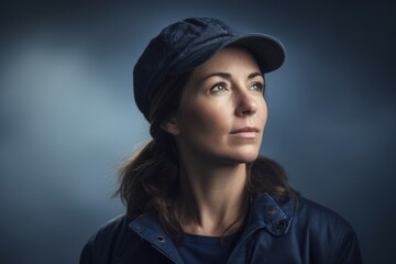 Studio portrait photography of a satisfied woman in her 40s wearing a cool cap or hat against a sky and clouds background. Generative AI