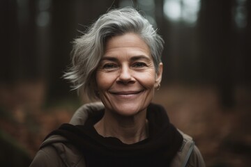 Portrait of a smiling senior woman in the forest. Looking at camera.
