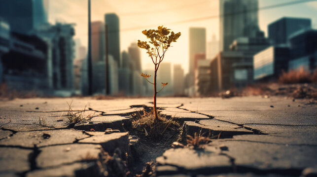 Concept image of a plant that grows out of cracked roads with city scenery behind it