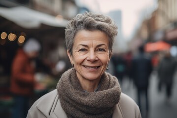 Portrait of a smiling elderly woman on the background of the Christmas market