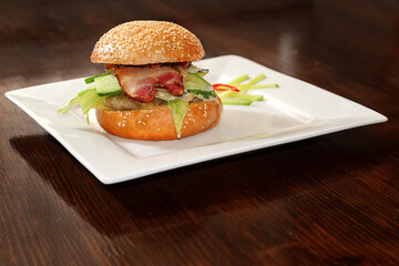 Tasty and beautiful hamburger on a white plate