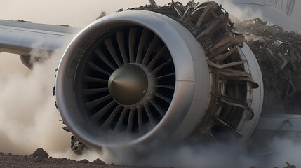 Detail of a damaged airplane turbine emanating smoke.