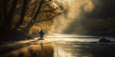 person fly fishing in peaceful river appealing to those interested in serenity and skill of this niche pastime, concept of Tranquility and expertise, created with Generative AI technology