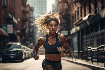 Naklejka na ściany i meble Fitness stronger woman in sportswear running through the city. Generative AI
