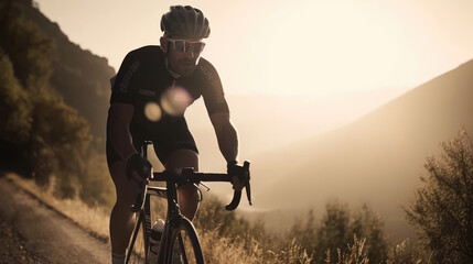 Obraz na płótnie Canvas Stronger motivated cyclist driving the bike through a mountain landscape. Generative AI