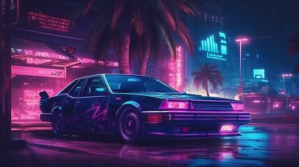 Futuristic retro wave synth wave car among palm trees in the style of the 80s. Generative AI
