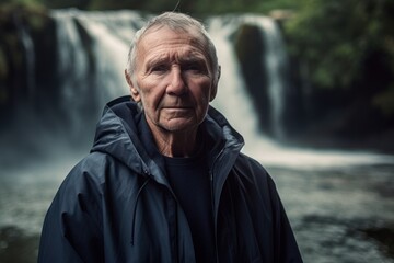 Portrait of an elderly man on the background of a waterfall.
