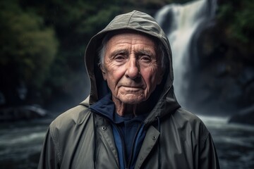 Fototapeta premium Portrait of an elderly man in a raincoat in front of a waterfall