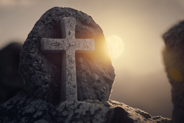 stone cross with sun light, divine light generative ai
