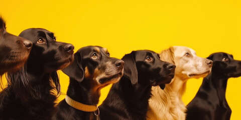 group sitting dogs on yellow background generative ai