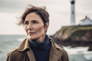 Portrait of a mature woman in trench coat looking away while standing on the beach
